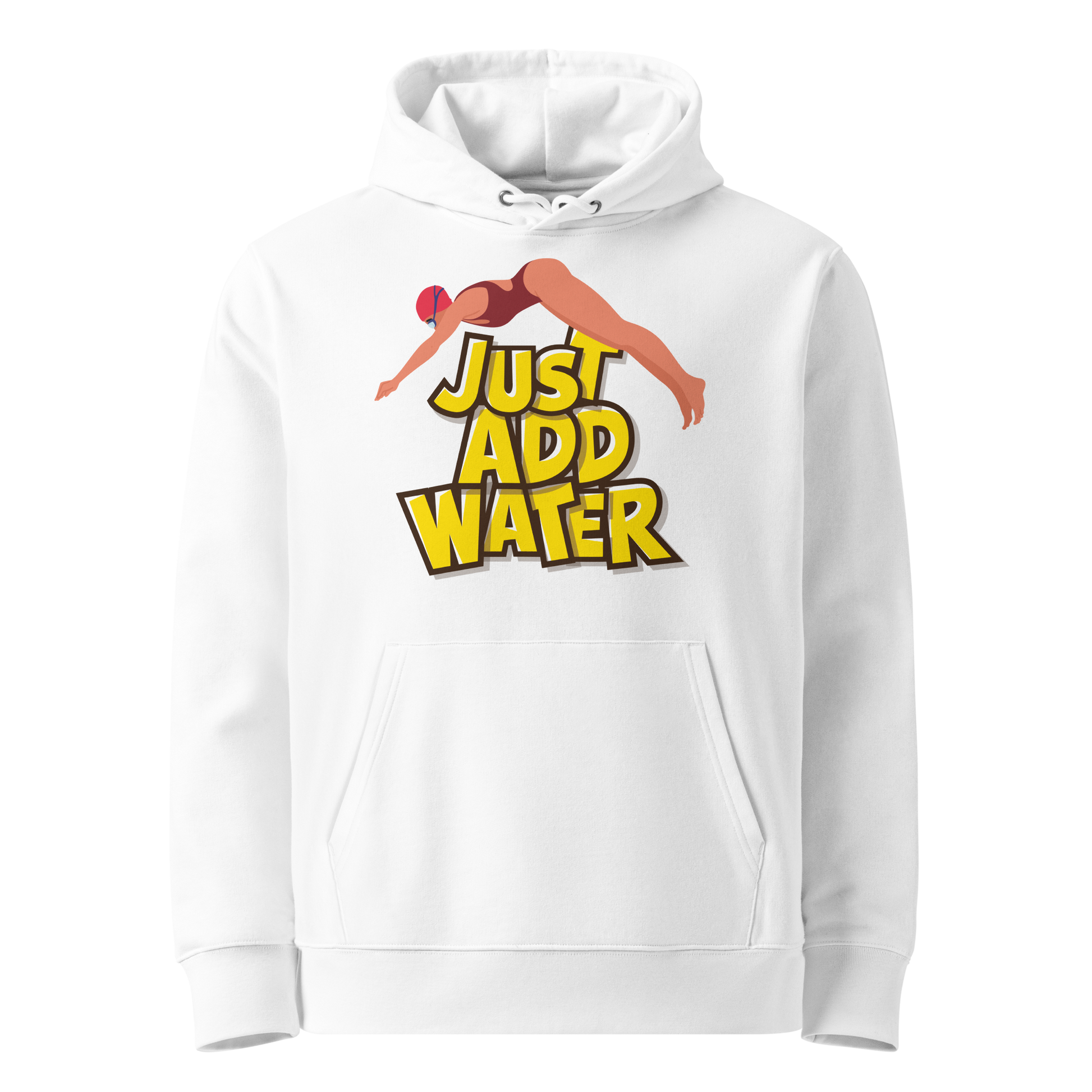 Organic hoodie in white by Lane Line Threads with a “Just Add Water” swim graphic and female swimmer illustration, made from GOTS and OCS certified organic cotton.