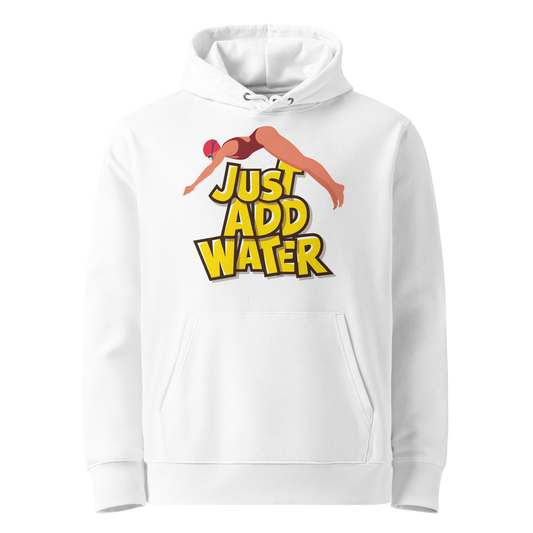 Organic hoodie in white by Lane Line Threads with a “Just Add Water” swim graphic and female swimmer illustration, made from GOTS and OCS certified organic cotton.