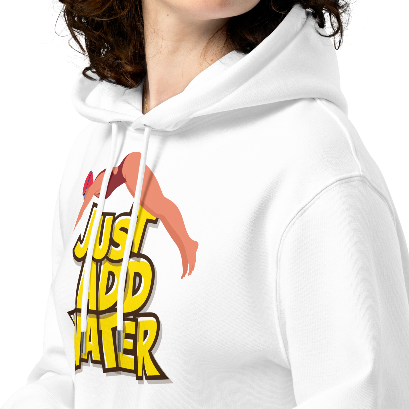 A woman with curly brown hair wearing a white organic hoodie with a swim graphic print on the front. The graphic features the text 'JUST ADD WATER' in yellow with a female swimmer illustration.