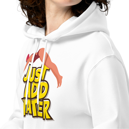 A woman with curly brown hair wearing a white organic hoodie with a swim graphic print on the front. The graphic features the text 'JUST ADD WATER' in yellow with a female swimmer illustration.