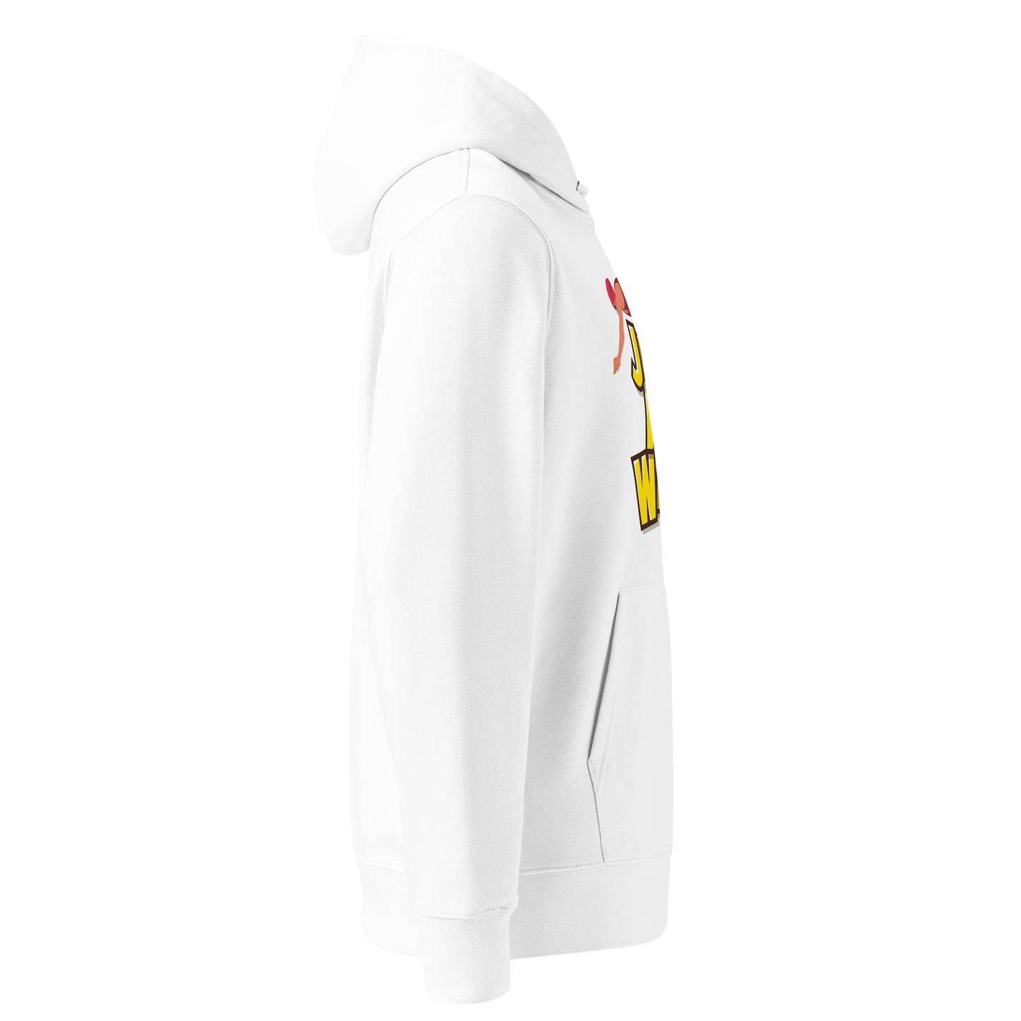 Organic hoodie in white by Lane Line Threads with a “Just Add Water” swim graphic and female swimmer illustration, made from GOTS and OCS certified organic cotton, showing from the right side. 