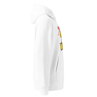 Organic hoodie in white by Lane Line Threads with a “Just Add Water” swim graphic and female swimmer illustration, made from GOTS and OCS certified organic cotton, showing from the right side. 