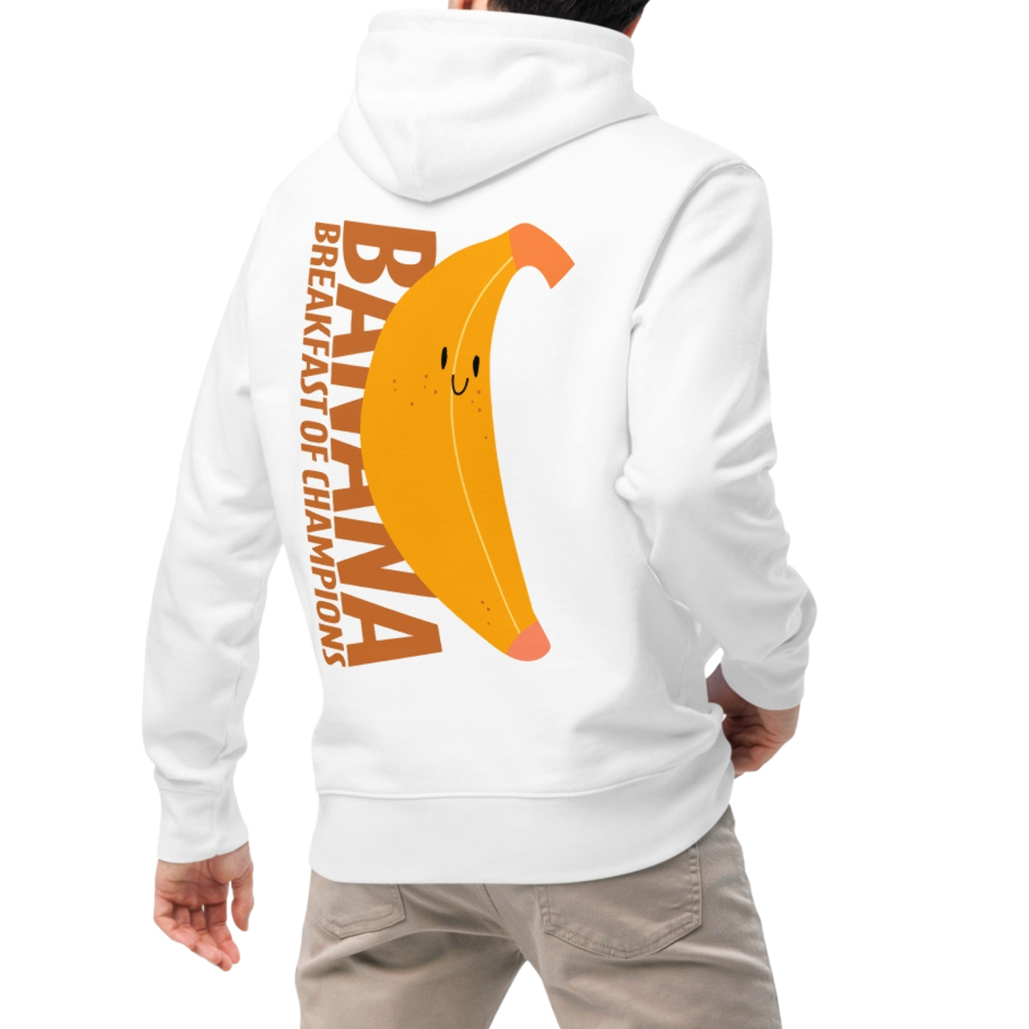 A person wearing an organic hoodie in white by Lane Line Threads with a smiling banana and "Banana Breakfast Champion" text graphic, made from GOTS and OCS certified organic cotton.