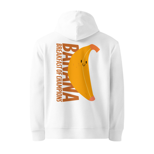 Organic hoodie in white by Lane Line Threads with a smiling banana and "Banana Breakfast Champion" text graphic, made from GOTS and OCS certified organic cotton.