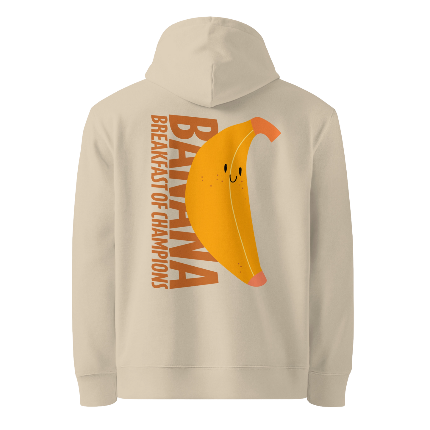 Organic hoodie in beige by Lane Line Threads with a smiling banana and "Banana Breakfast Champion" text graphic, made from GOTS and OCS certified organic cotton.