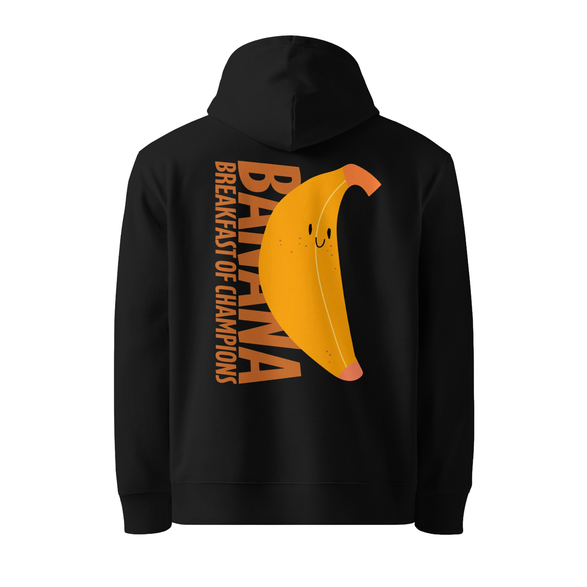 Organic hoodie in black by Lane Line Threads with a smiling banana and "Banana Breakfast Champion" text graphic, made from GOTS and OCS certified organic cotton.
