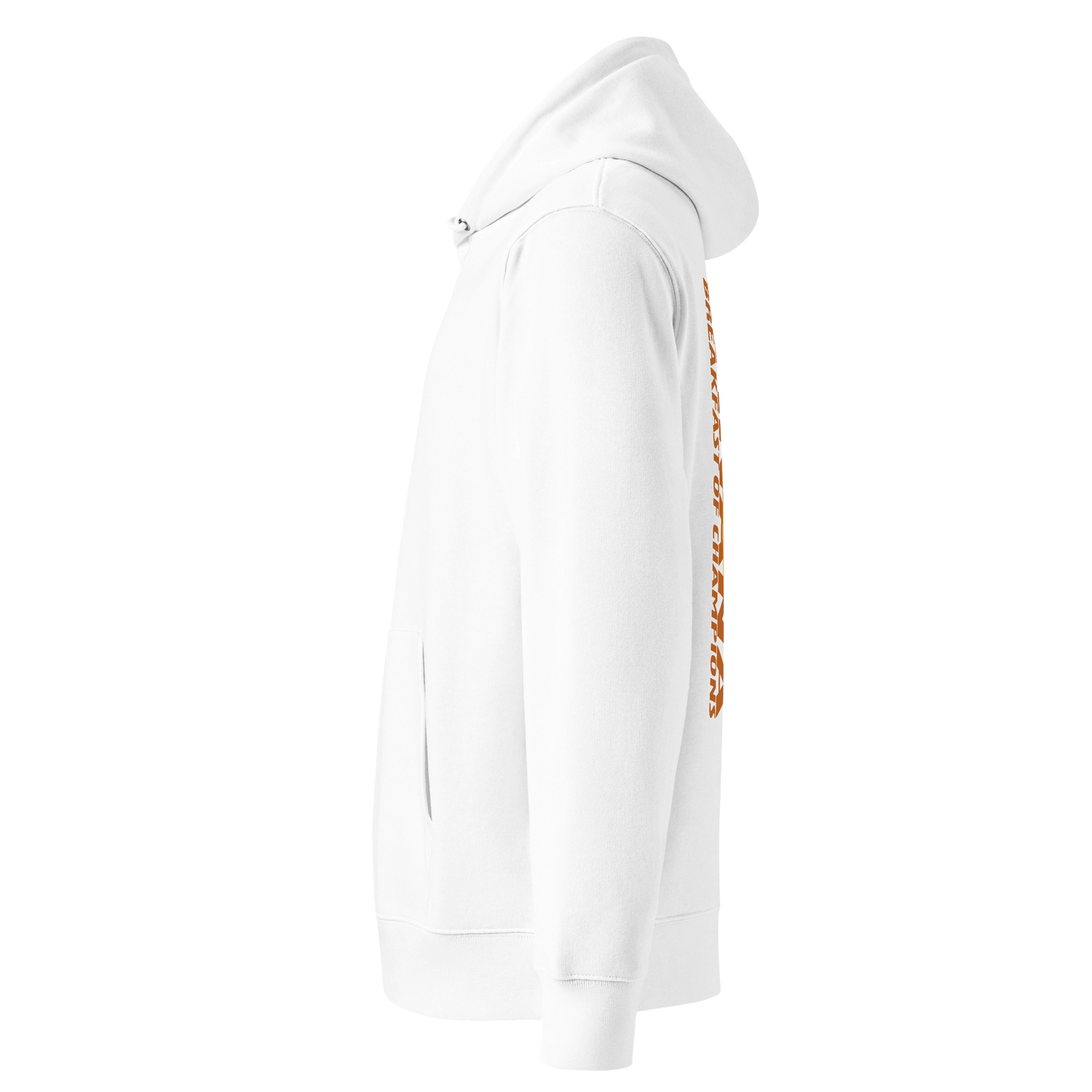 Organic hoodie in white by Lane Line Threads with a smiling banana and "Banana Breakfast Champion" text graphic, made from GOTS and OCS certified organic cotton shown from the left side