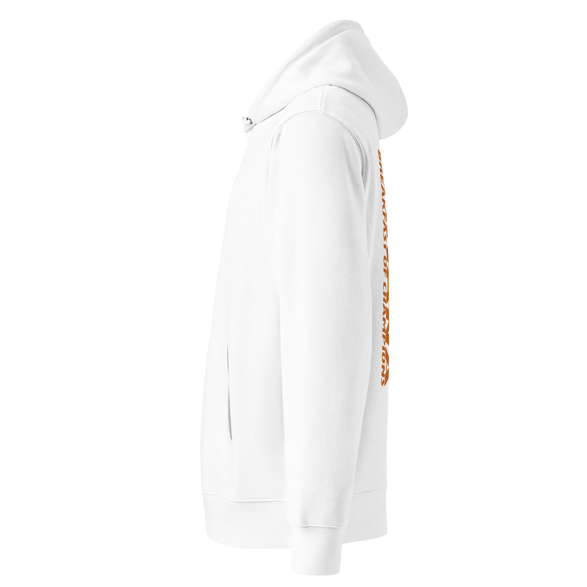 Organic hoodie in white by Lane Line Threads with a smiling banana and "Banana Breakfast Champion" text graphic, made from GOTS and OCS certified organic cotton shown from the left side