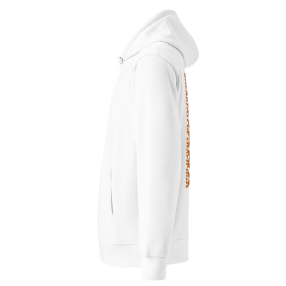 Organic hoodie in white by Lane Line Threads with a smiling banana and "Banana Breakfast Champion" text graphic, made from GOTS and OCS certified organic cotton shown from the left side