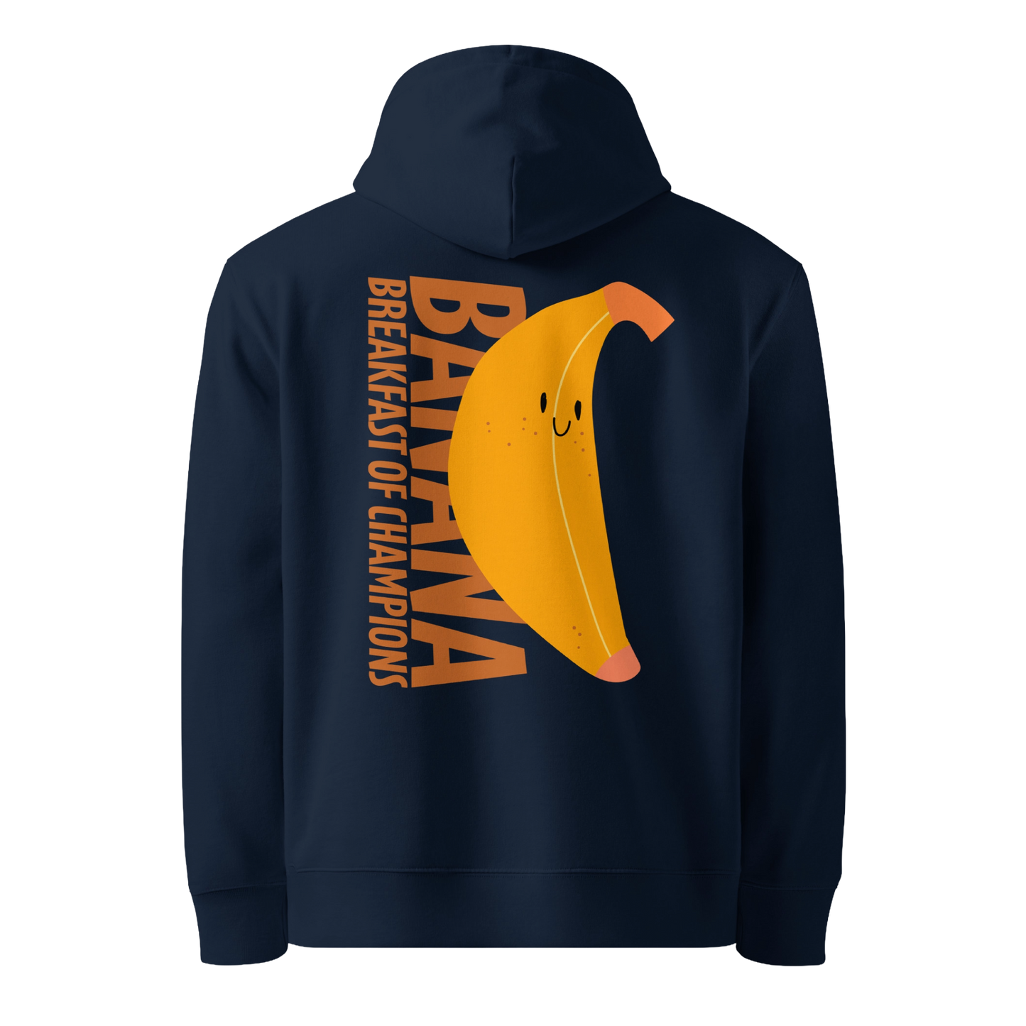 Organic hoodie in navy blue by Lane Line Threads with a smiling banana and "Banana Breakfast Champion" text graphic, made from GOTS and OCS certified organic cotton.
