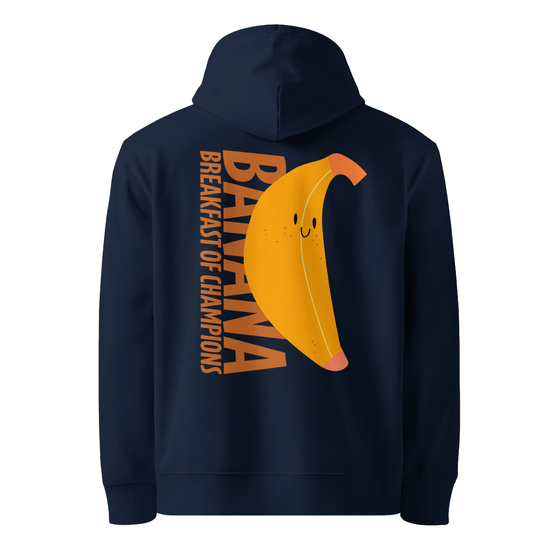 Organic hoodie in navy blue by Lane Line Threads with a smiling banana and "Banana Breakfast Champion" text graphic, made from GOTS and OCS certified organic cotton.