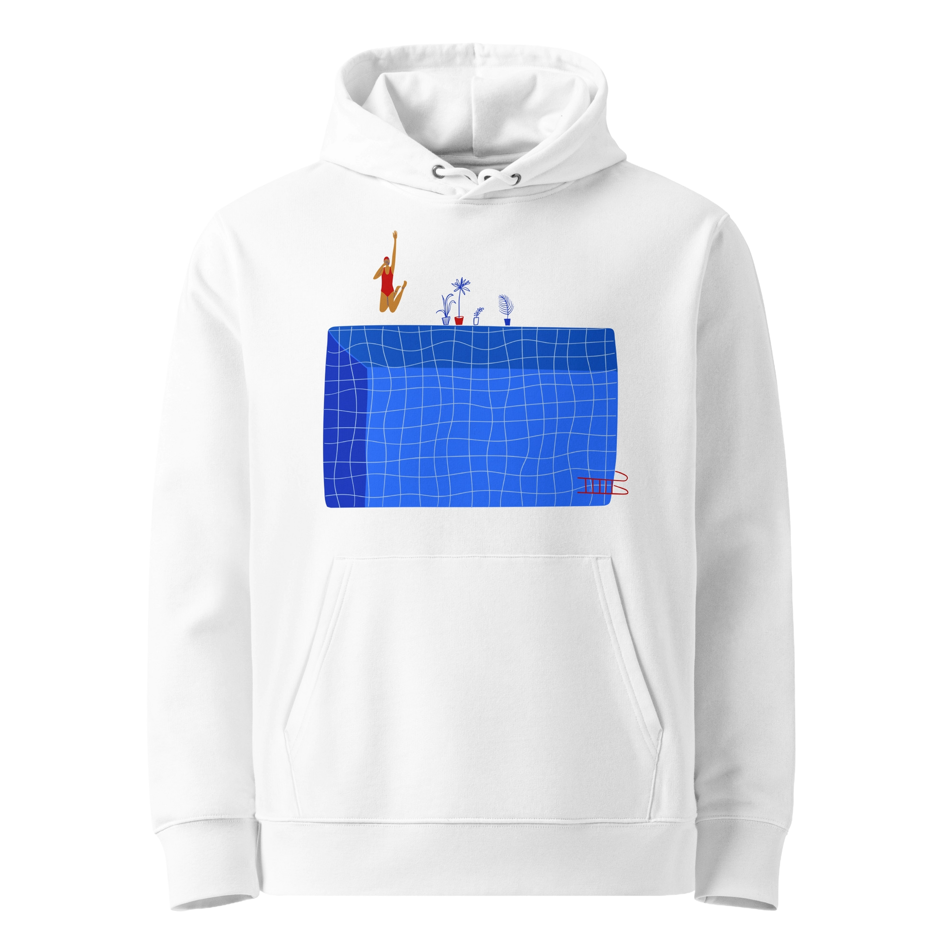 Organic hoodie in white by Lane Line Threads with a blue pool graphic and swimmer illustration, made from GOTS and OCS certified organic cotton.
