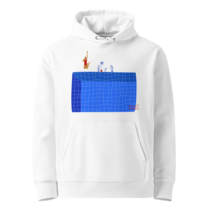 Organic hoodie in white by Lane Line Threads with a blue pool graphic and swimmer illustration, made from GOTS and OCS certified organic cotton.