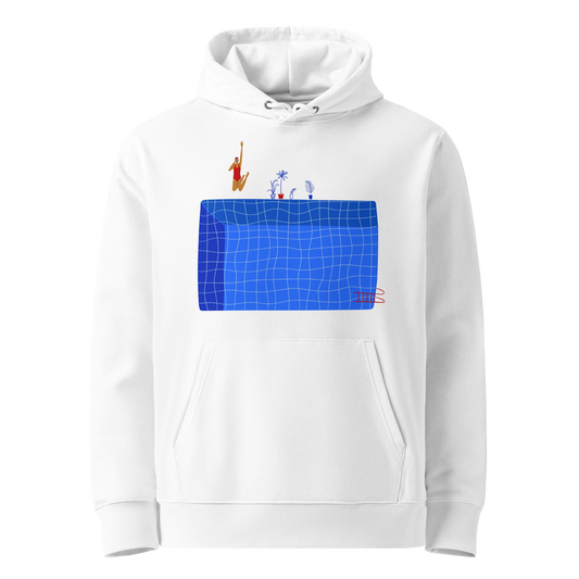 Organic hoodie in white by Lane Line Threads with a blue pool graphic and swimmer illustration, made from GOTS and OCS certified organic cotton.