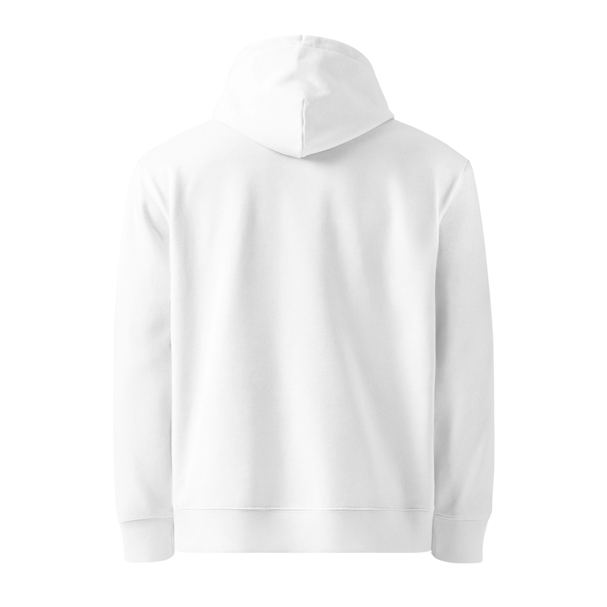 Organic hoodie in white by Lane Line Threads with a blue pool graphic and swimmer illustration, made from GOTS and OCS certified organic cotton shown from the back, photographed on a clean white background.