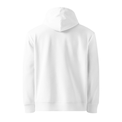 Organic hoodie in white by Lane Line Threads with a blue pool graphic and swimmer illustration, made from GOTS and OCS certified organic cotton shown from the back, photographed on a clean white background.