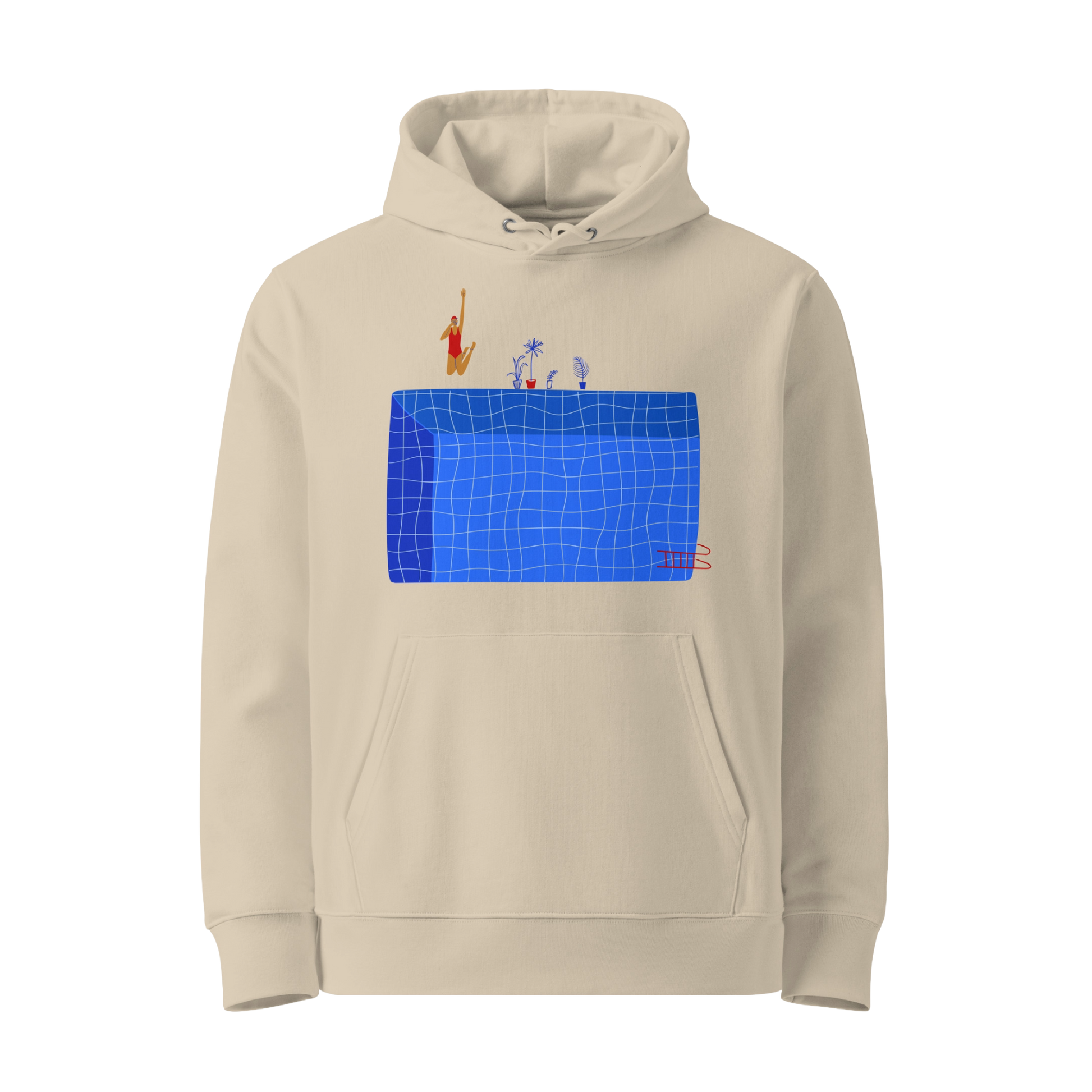 Organic hoodie in beige by Lane Line Threads with a blue pool graphic and swimmer illustration, made from GOTS and OCS certified organic cotton.