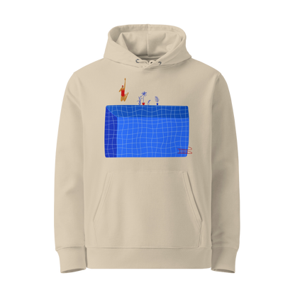 Organic hoodie in beige by Lane Line Threads with a blue pool graphic and swimmer illustration, made from GOTS and OCS certified organic cotton.