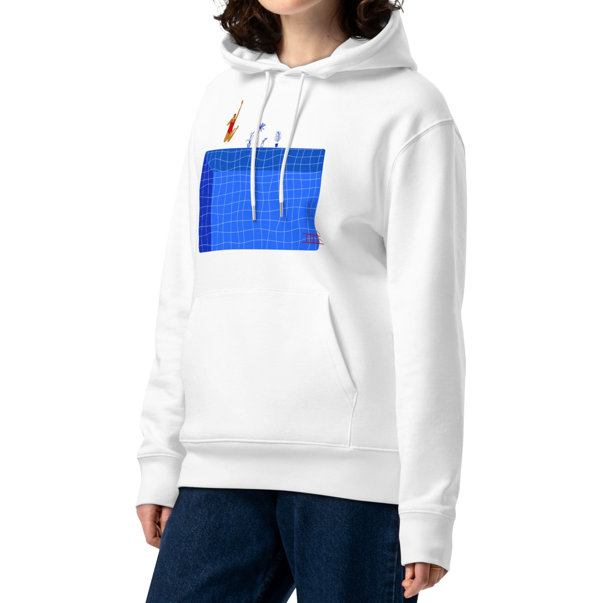 A person wearing an organic hoodie in white by Lane Line Threads with a blue pool graphic and swimmer illustration, made from GOTS and OCS certified organic cotton.