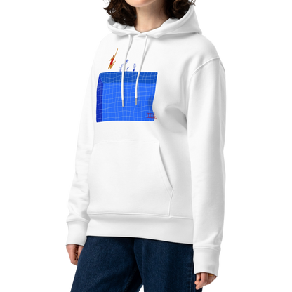 A person wearing an organic hoodie in white by Lane Line Threads with a blue pool graphic and swimmer illustration, made from GOTS and OCS certified organic cotton.