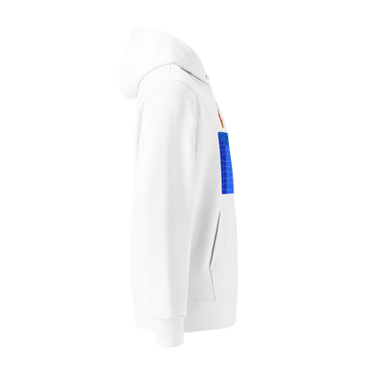 Organic hoodie in white by Lane Line Threads with a blue pool graphic and swimmer illustration, made from GOTS and OCS certified organic cotton shown from the side profile