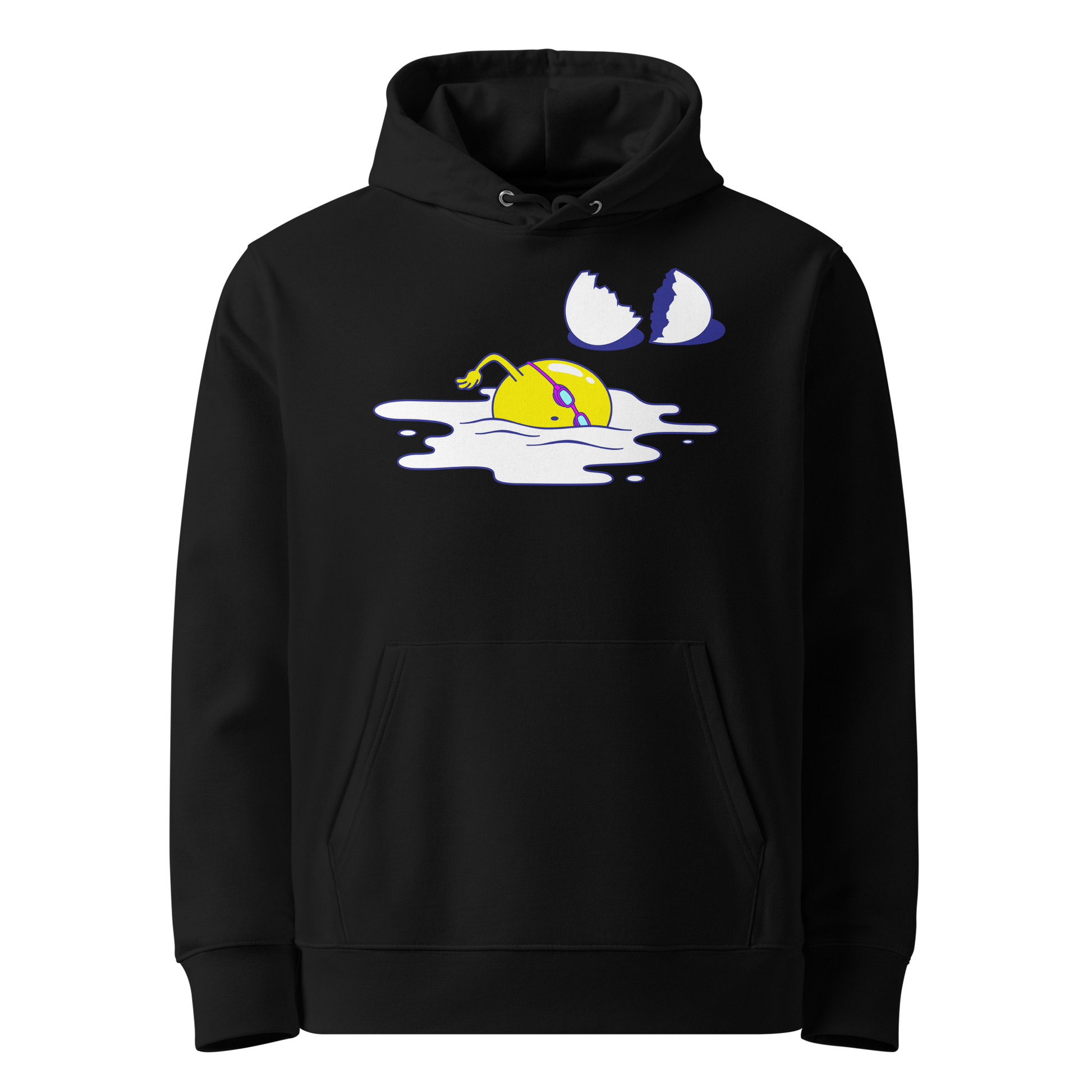 organic hoodie in black by Lane Line Threads featuring a graphic of a swimming yellow egg yolk with goggles and a cracked shell
