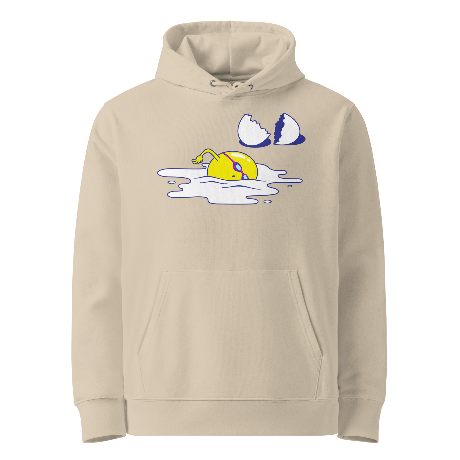 organic hoodie in beige by Lane Line Threads featuring a graphic of a swimming yellow egg yolk with goggles and a cracked shell
