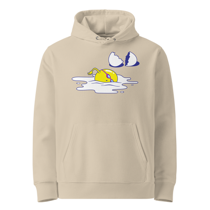 organic hoodie in beige by Lane Line Threads featuring a graphic of a swimming yellow egg yolk with goggles and a cracked shell