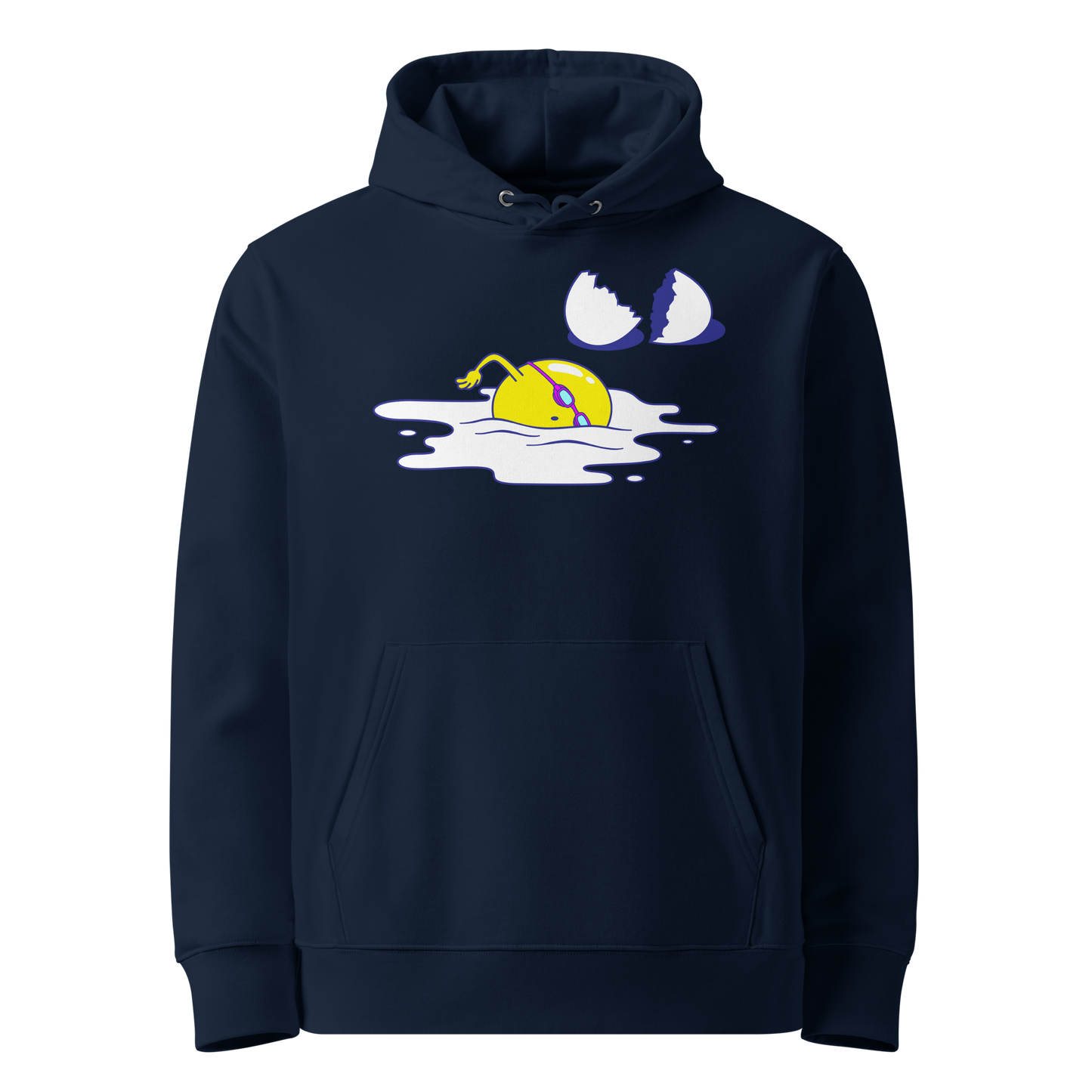 organic hoodie in navy blue by Lane Line Threads featuring a graphic of a swimming yellow egg yolk with goggles and a cracked shell