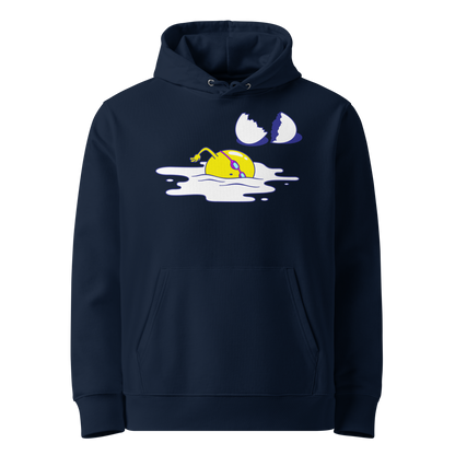 organic hoodie in navy blue by Lane Line Threads featuring a graphic of a swimming yellow egg yolk with goggles and a cracked shell