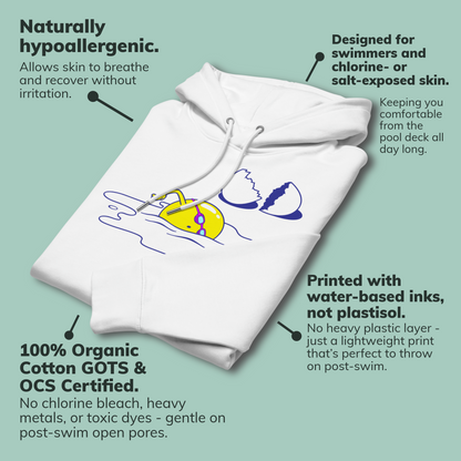 An organic hoodie in white by Lane Line Threads featuring a graphic of a swimming yellow egg yolk with goggles and a cracked shell with descriptive callout text around it
