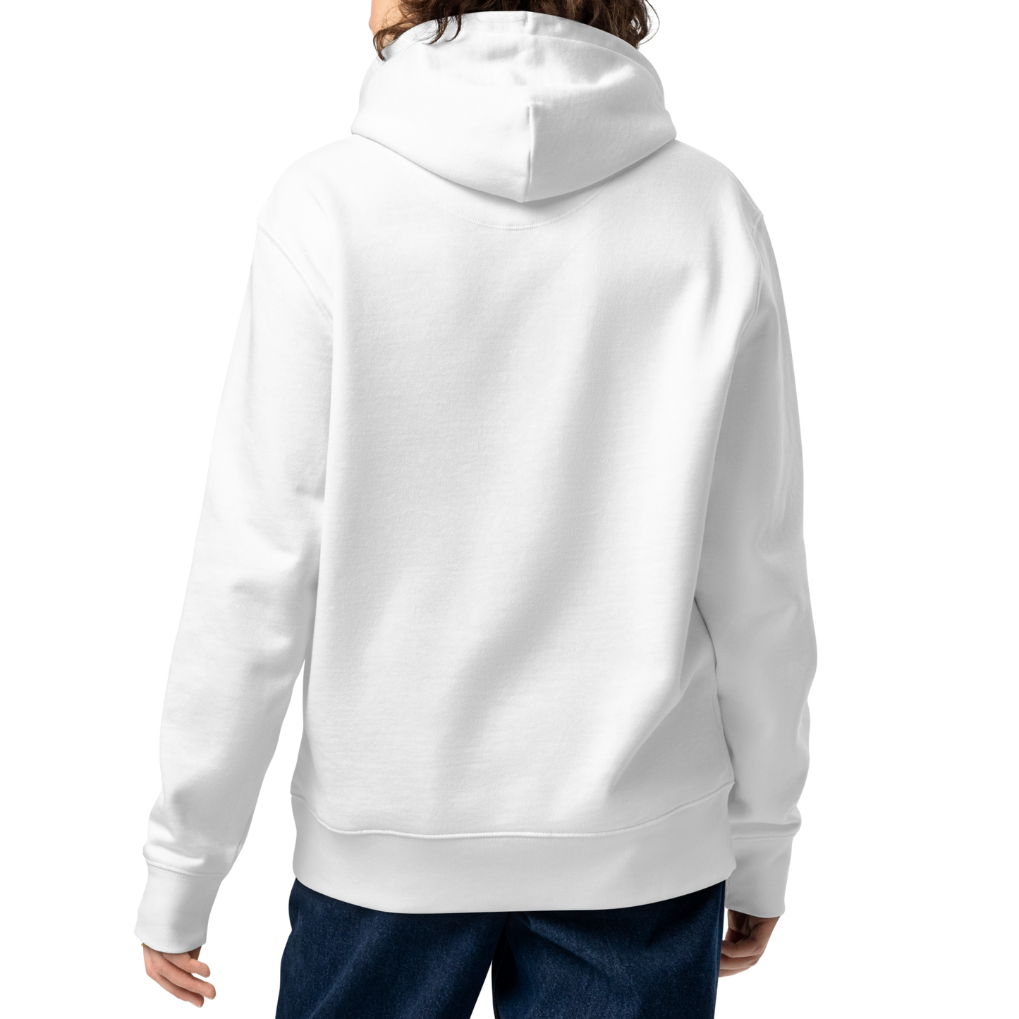 Person wearing a white organic hoodie on a white background