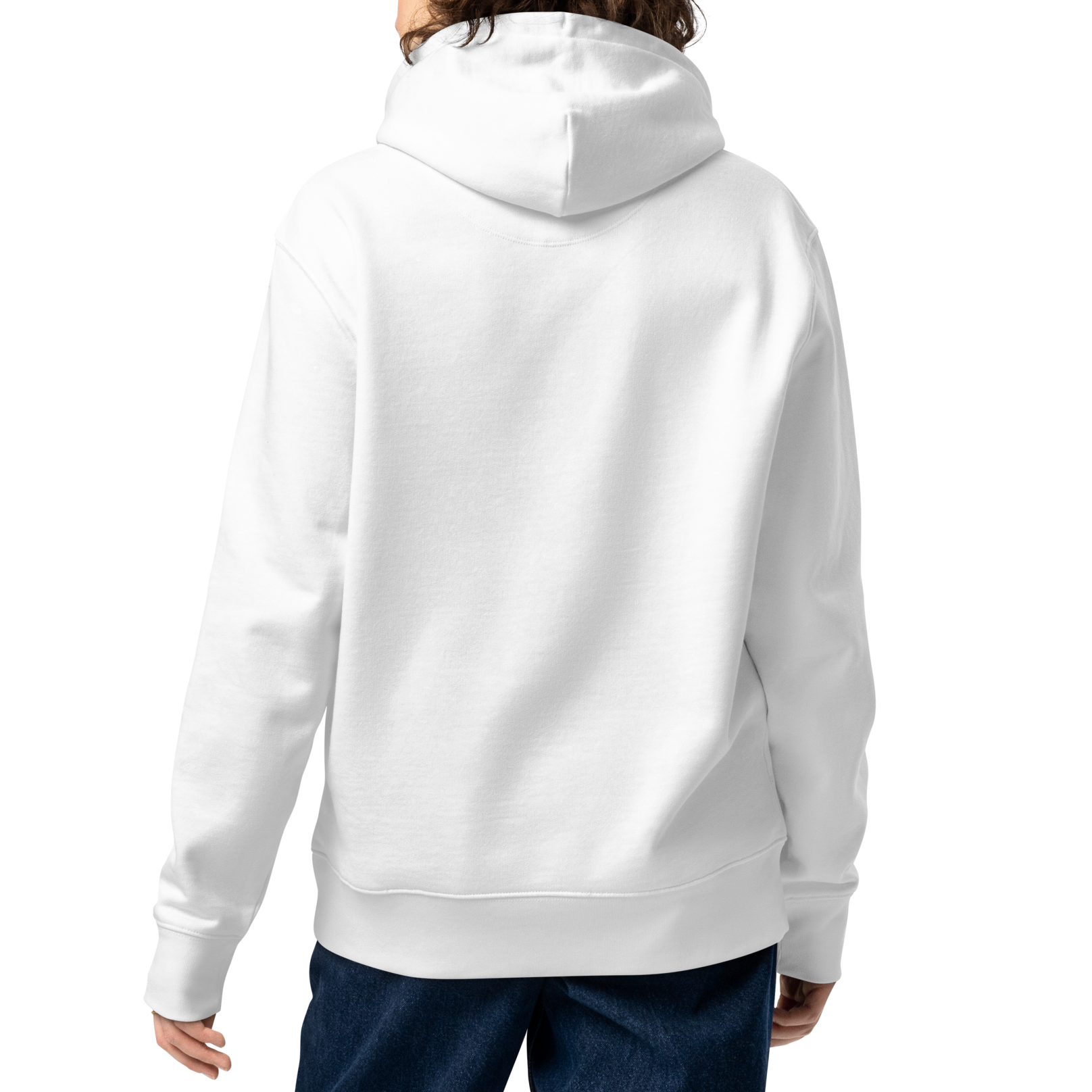 Person wearing a white organic hoodie on a white background