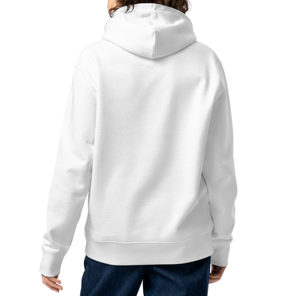 Person wearing a white organic hoodie on a white background