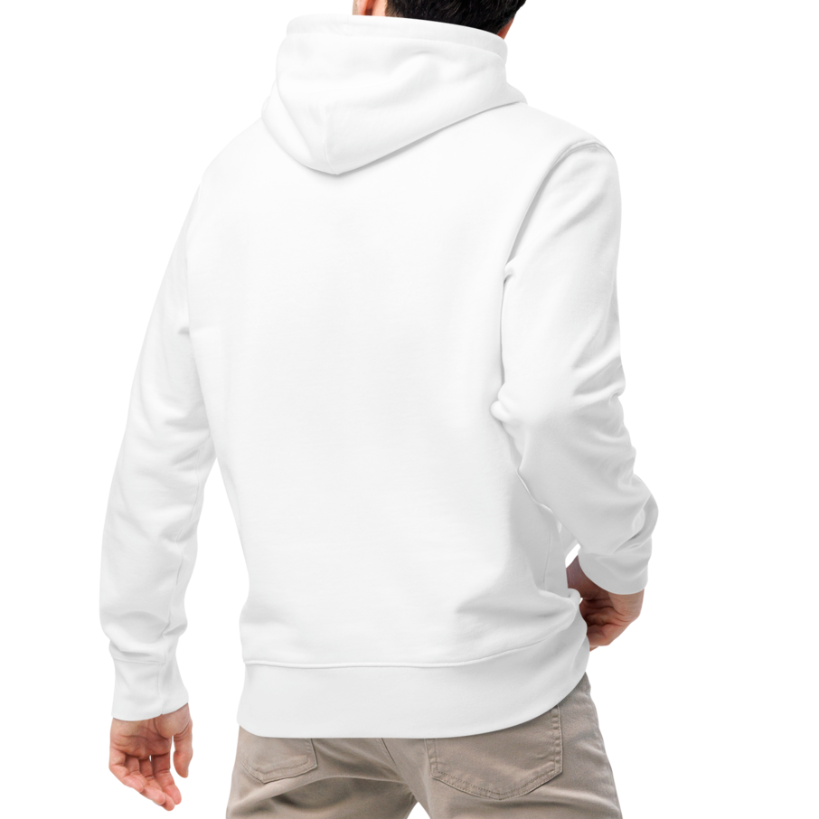 A man shown from the back wearing a white organic hoodie by Lane Line Threads, beige pants, and white sneakers against a plain white background