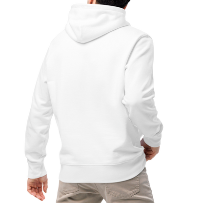 A man shown from the back wearing a white organic hoodie by Lane Line Threads, beige pants, and white sneakers against a plain white background