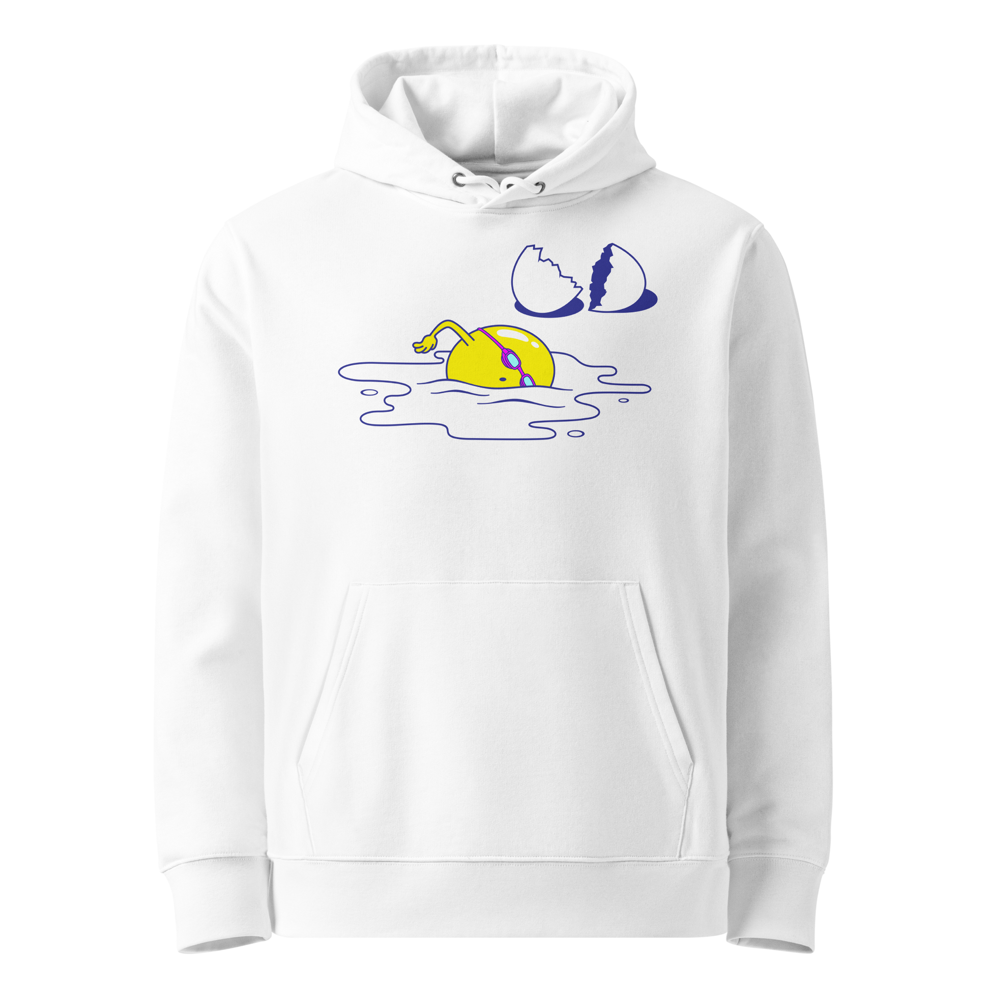 organic hoodie in white by Lane Line Threads featuring a graphic of a swimming yellow egg yolk with goggles and a cracked shell