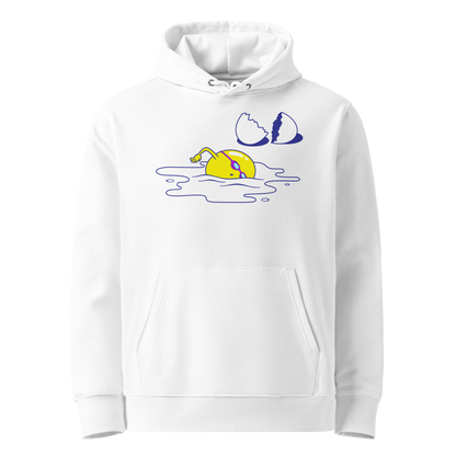 organic hoodie in white by Lane Line Threads featuring a graphic of a swimming yellow egg yolk with goggles and a cracked shell
