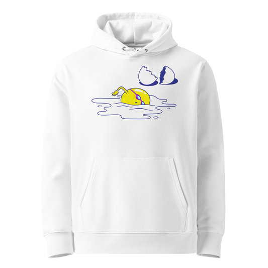 organic hoodie in white by Lane Line Threads featuring a graphic of a swimming yellow egg yolk with goggles and a cracked shell
