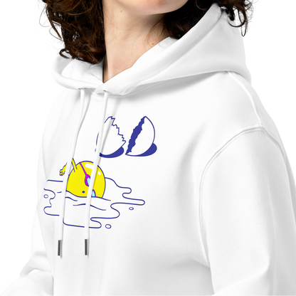 A person wearing an organic hoodie in white by Lane Line Threads featuring a graphic of a swimming yellow egg yolk with goggles and a cracked shell, set against a plain white background.
