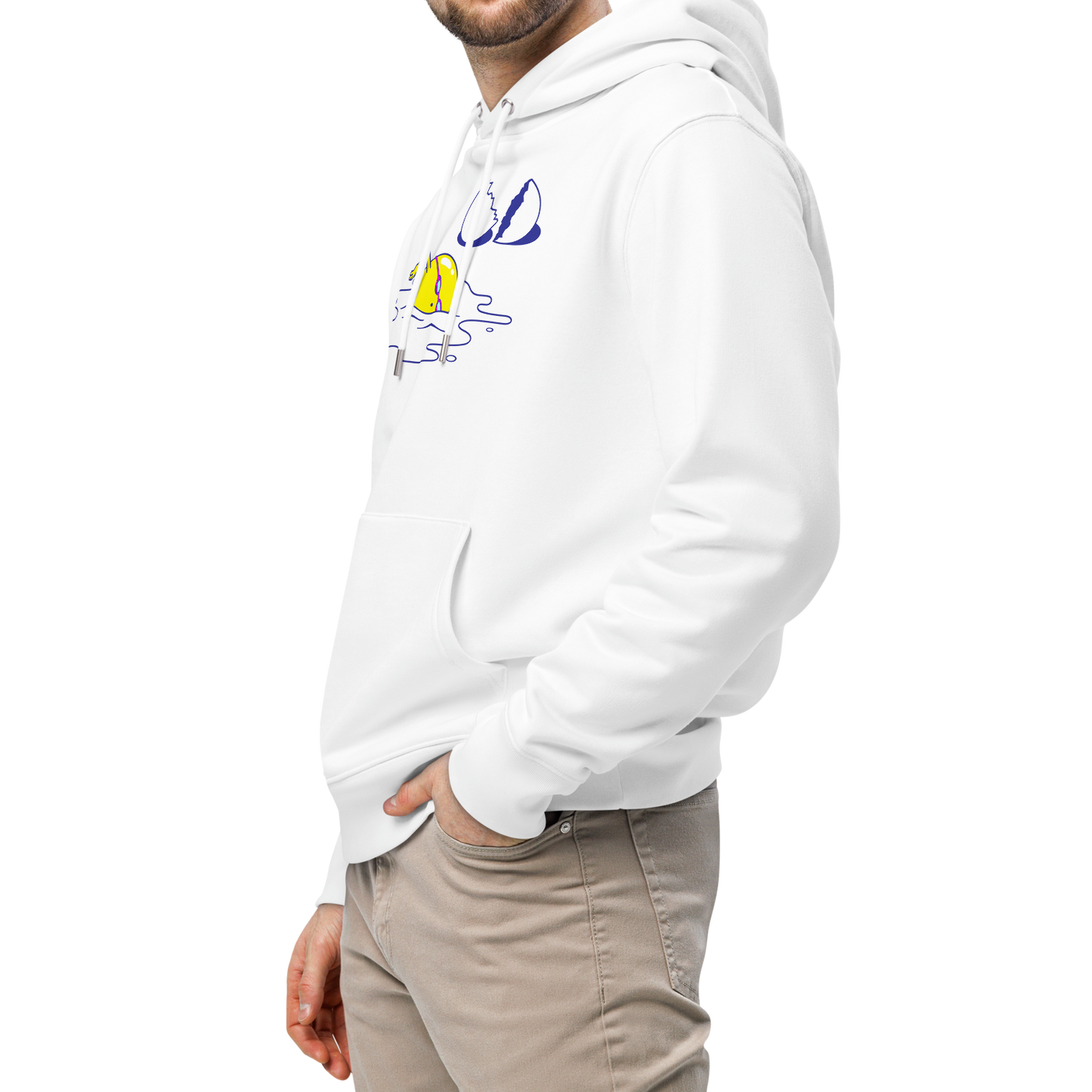 Man wearing an organic hoodie in white by Lane Line Threads featuring a graphic of a swimming yellow egg yolk with goggles and a cracked shell shown from the left side