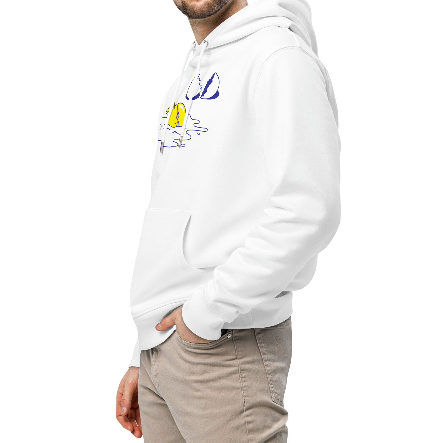 Man wearing an organic hoodie in white by Lane Line Threads featuring a graphic of a swimming yellow egg yolk with goggles and a cracked shell shown from the left side