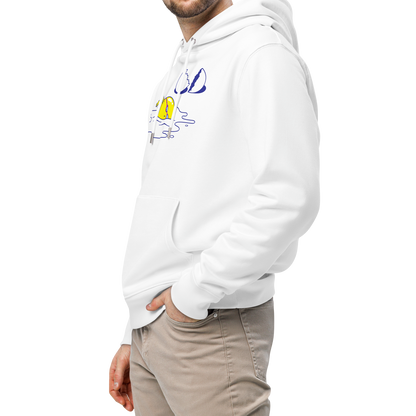 Man wearing an organic hoodie in white by Lane Line Threads featuring a graphic of a swimming yellow egg yolk with goggles and a cracked shell shown from the left side