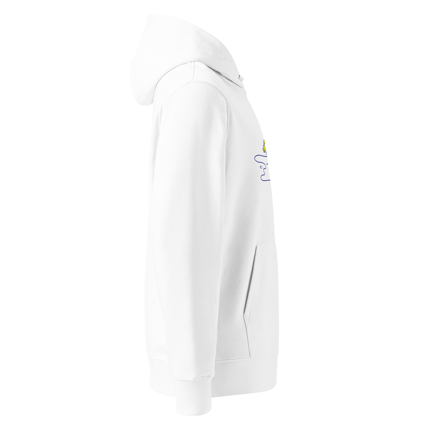 organic hoodie in white by Lane Line Threads featuring a graphic of a swimming yellow egg yolk with goggles and a cracked shell shown from the right side