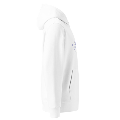 organic hoodie in white by Lane Line Threads featuring a graphic of a swimming yellow egg yolk with goggles and a cracked shell shown from the right side