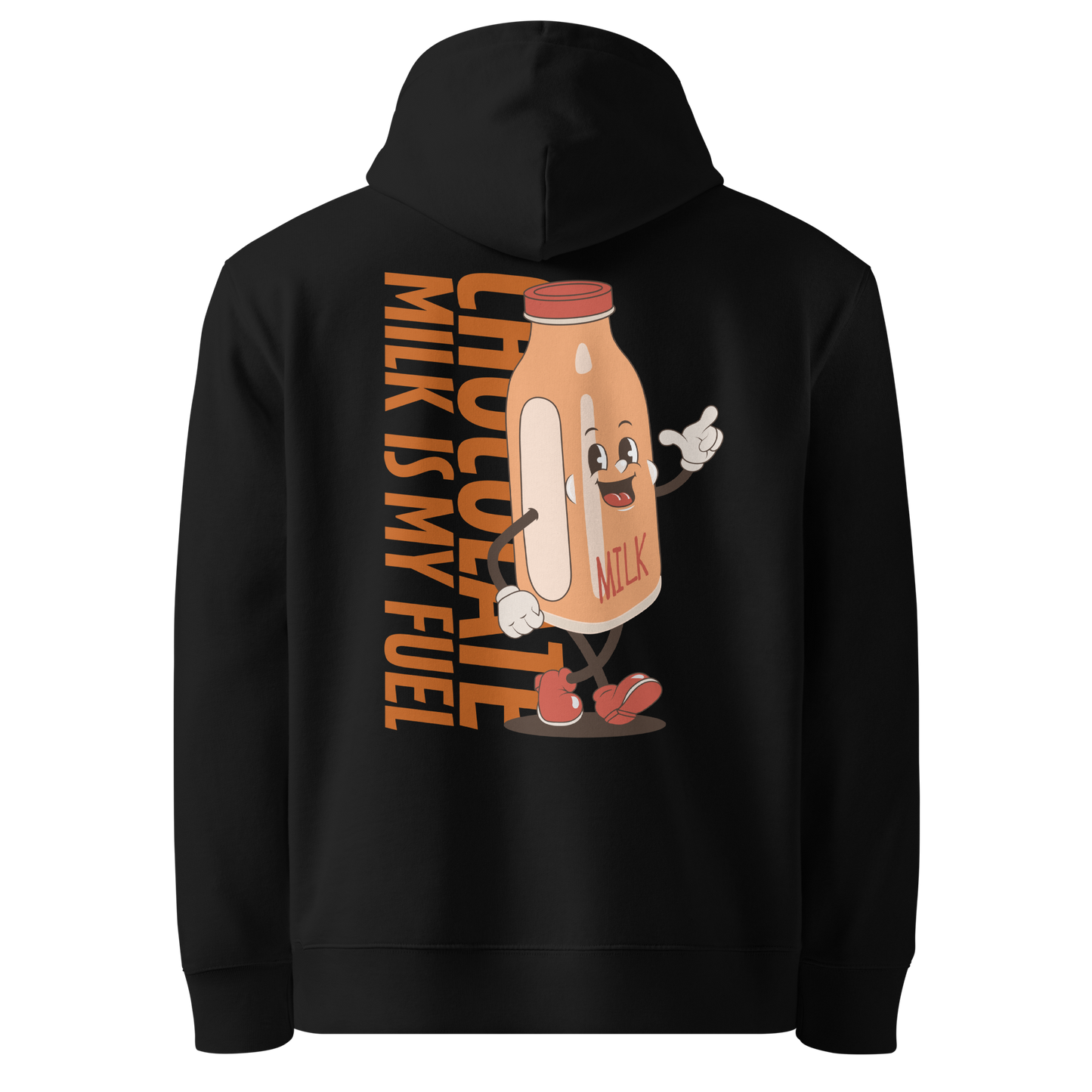organic hoodie featuring a "Chocolate Milk is My Fuel" retro cartoon milk bottle graphic on the back of a black GOTS certified sweatshirt.
