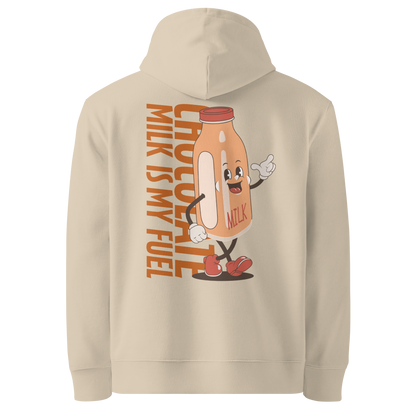 organic hoodie featuring a "Chocolate Milk is My Fuel" retro cartoon milk bottle graphic on the back of a beige GOTS certified sweatshirt.