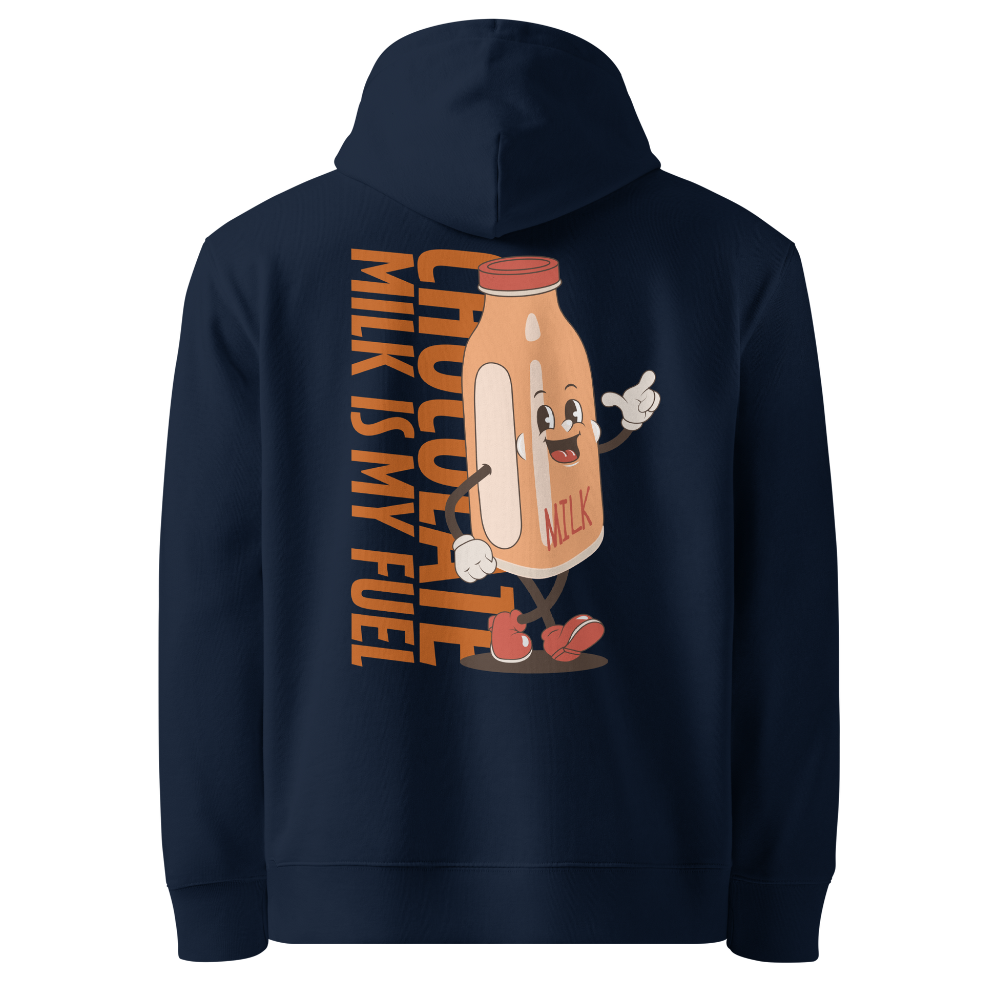organic hoodie featuring a "Chocolate Milk is My Fuel" retro cartoon milk bottle graphic on the back of a navy blue GOTS certified sweatshirt.