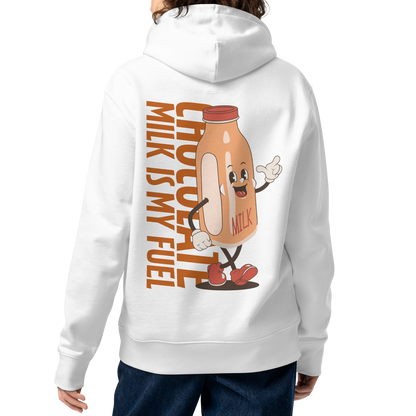 A female shown from the back wearing organic hoodie featuring a "Chocolate Milk is My Fuel" retro cartoon milk bottle graphic on the back of a white GOTS certified sweatshirt, paired with dark blue jeans against a plain white background.