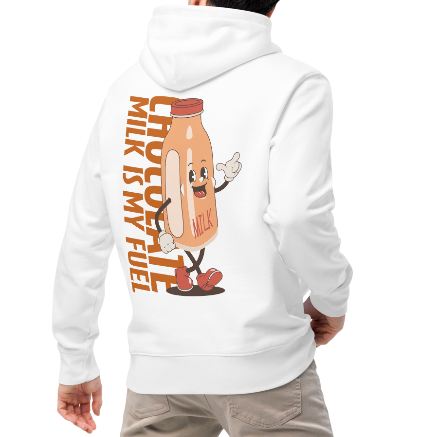 A man shown from the back wearing an organic hoodie featuring a "Chocolate Milk is My Fuel" retro cartoon milk bottle graphic on the back of a white GOTS certified sweatshirt, paired with beige pants and white sneakers, against a plain white background.